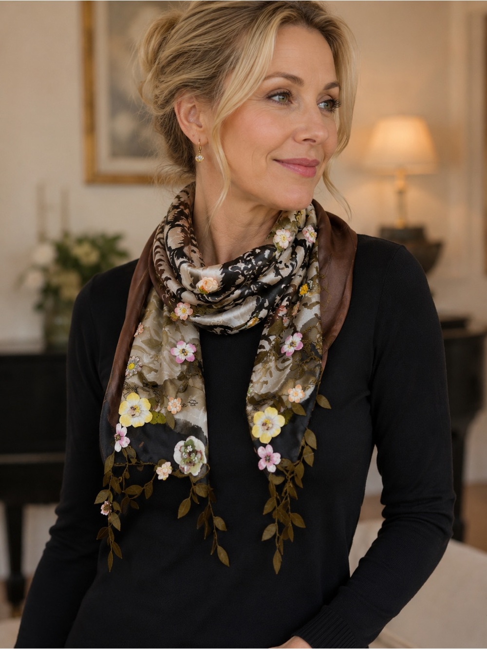 Mary Frances Floral 100% Silk Scarf in Brown, Black and Pink